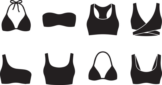 Collection of women bikini top and sports bra silhouettes isolated on white background vector illustration