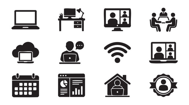 Business icons, office symbols, communication signs, technology graphics, 12 vector elements