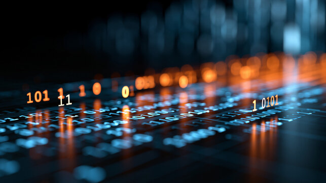 Abstract digital data stream with glowing binary numbers flowing across a dark background, vibrant blue and orange light creating a futuristic matrix visualization, defocused