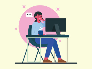 Fototapeta premium Business woman working at desk with computer and coffee while checking phone.