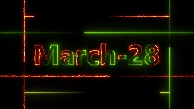 Abstract Neon March 28 calendar date Animation 4k video. Neon bright 28 March date text green color animation. Suitable for event promotion, important.