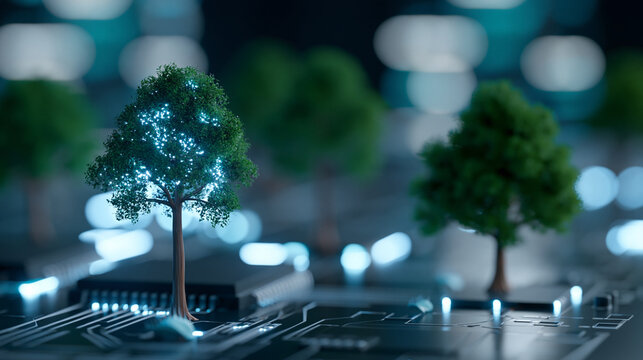 Futuristic trees on a circuit board representing cyberpunk biotech and high-tech futuristic plant concepts, defocused circuit board environment, cyberpunk biotech tree concept