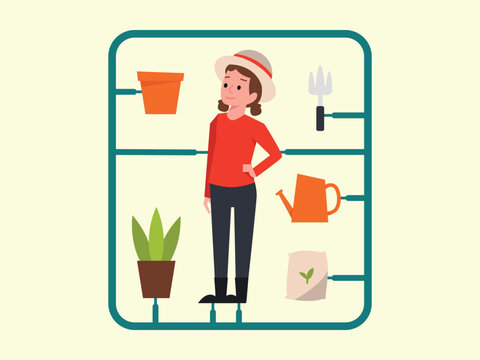 Gardener woman with professional gardening tools and plants in flat design.