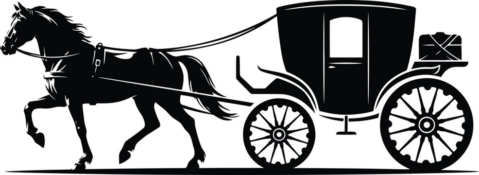 Black silhouette horse drawn vintage carriage on white background