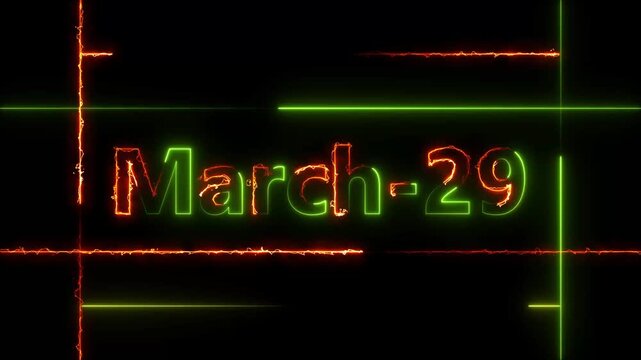 Abstract Neon March 29 calendar date Animation 4k video. Neon bright 29 March date text green color animation. Suitable for event promotion, important.