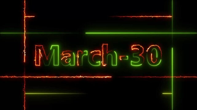 Abstract Neon March 30 calendar date Animation 4k video. Neon bright 30 March date text green color animation. Suitable for event promotion, important.