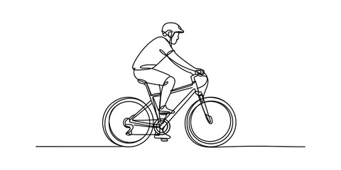 Fototapeta premium Continuous single line drawing of a man wearing a helmet riding a mountain bicycle on a flat horizontal surface Vector, illustration