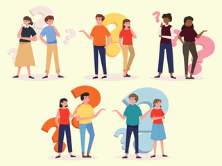 Fototapeta premium Diverse groups of people looking confused and thinking about problems with large question marks.