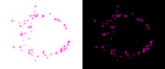 Pink glitter particles in circular frame, glowing magenta dust ring on black and white background, sparkling magic light effect for festive design © Motion Mania