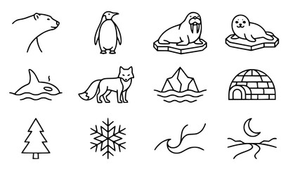 Arctic Wildlife and Winter Nature Outline Icon Collection with Polar Animals and Landscape Elements © Keyapayal