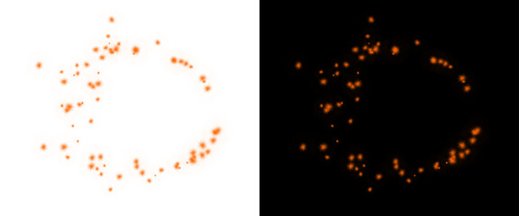 Orange particle circle frame on white and black background, glowing ember dust ring, abstract fire spark border for design overlays © Motion Mania