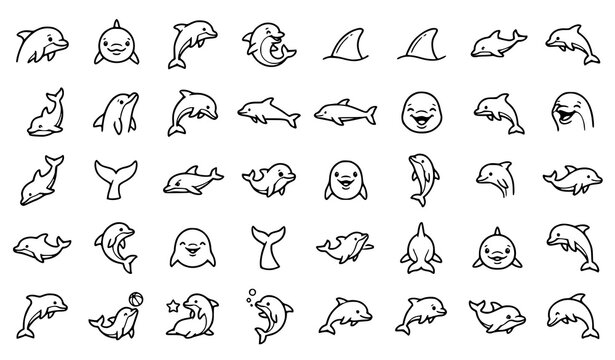 Cute Marine Animal Outline Icon Collection Featuring Sharks Whales Dolphins Fish and Sea Creatures