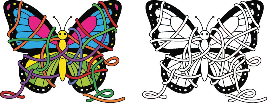 Tangled Ribbon Butterfly Colorful and Outline Maze Activity Page Set for Kids