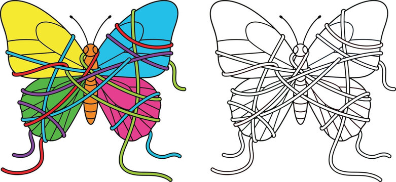 Tangled String Butterfly Colorful and Outline Maze Coloring Page Set for Kids