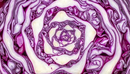 Obraz premium Macro Shot of Red Cabbage Cross Section with Intricate Spiral Pattern and Texture