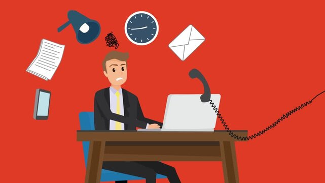 Stressed Businessman Character Overwhelmed with Paperwork and Deadlines 2D Animation