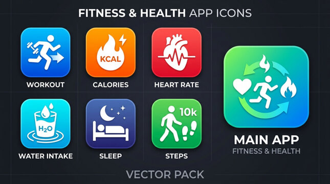 Fitness and health app icons vector pack for mobile tracking