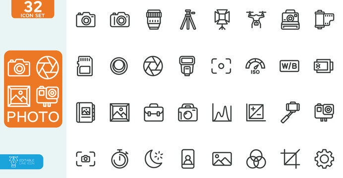 Photo Vector illustration line editable Icons set. Photography, camera, print, photo card, collection. on white background.