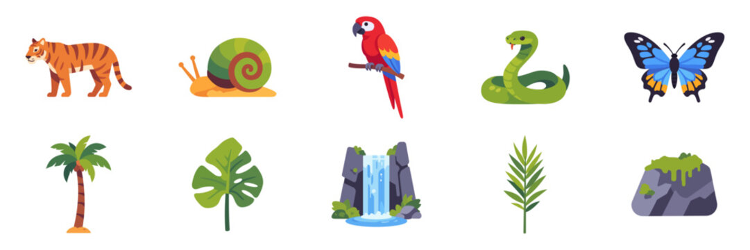 Set of tropical rainforest wildlife and botanical icons with exotic animals, lush foliage, palm vegetation, waterfall landscape, and natural jungle elements, colorful collection with illustrations