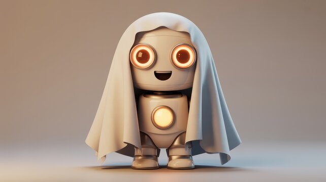 Cute white robot character wearing a ghost sheet costume, friendly toy bot with glowing orange eyes, playful halloween artificial intelligence mascot