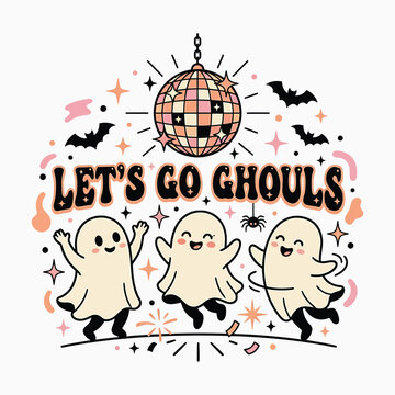 Halloween tshirt vector cute ghost dance design with disco ball for spooky season apparel