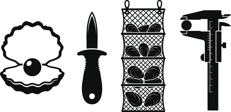 Pearl Farming and Oyster Harvesting Silhouette Set Vector Illustration with Opened Shell Knife Cultivation Net and Vernier Caliper Tool