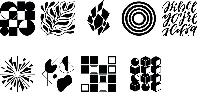 Abstract Geometric Vector Icon Set with Minimalist Black and White Shapes, Organic Botanical Leaves, Textures, and Creative Modern Design Elements for Patterns
