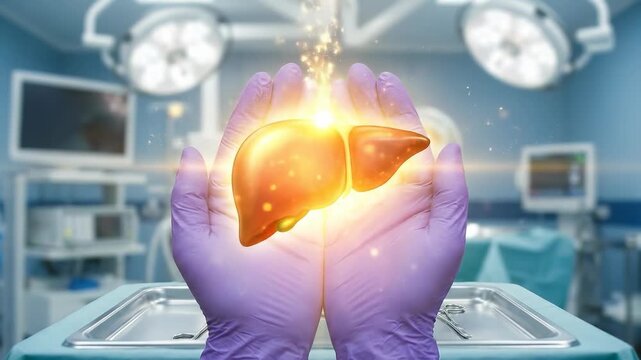 Gloved hands cradling a glowing human liver, symbolizing health, medical innovation, organ transplantation, and life-saving surgery in a modern operating room environment