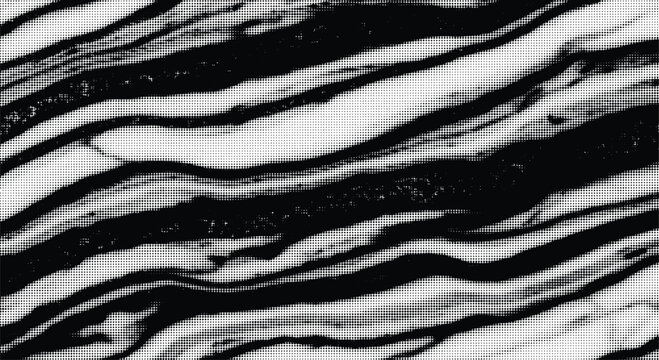 Abstract black and white zebra stripes pattern with halftone dot effect, monochrome textured background.