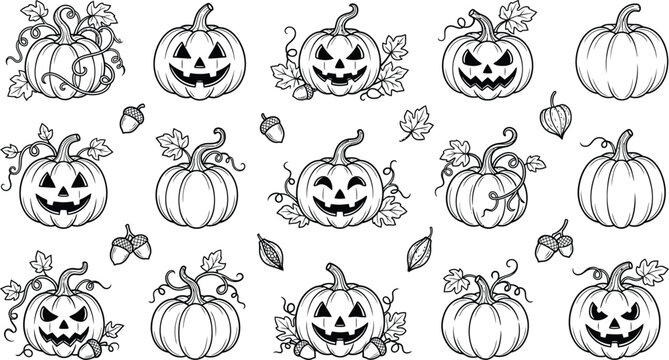 Halloween Pumpkin Seamless Pattern Black and White Doodle Vector Background