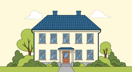 Fototapeta premium Charming two story residential house with a blue tiled roof and surrounding trees and bushes in a green garden.