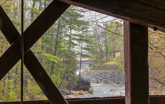 Historic Saco River Covered Bridge viewed from Swift River Covered Bridge in Conway, New Hampshire