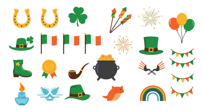 Extensive collection of Saint Patrick's Day icons featuring clovers pot of gold Irish flags and hats.