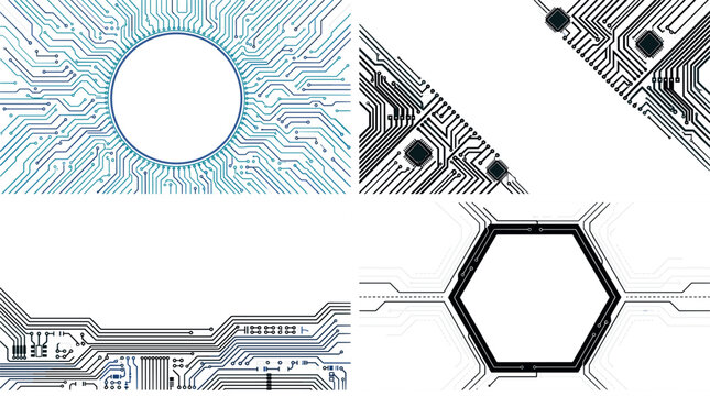 Abstract Electronic Circuit Board Frame Set with Circular Cyan Traces, Hexagonal Schematics, Diagonal Corner Microchips, and Copyspace for Technology Presentation Layouts