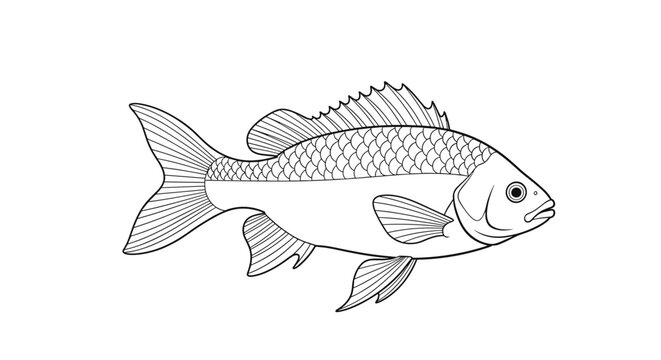 Detailed line art illustration of a fish showing scales and fins is perfect for coloring books or nature-themed educational materials.