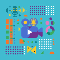 Fototapeta premium Video production, podcasting, and creative media icons with geometric patterns