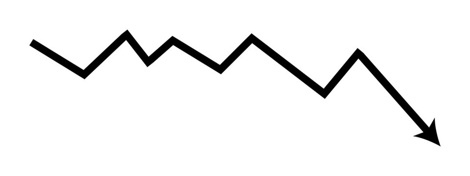 Black zigzag line graph pointing down with arrow showing decline or loss