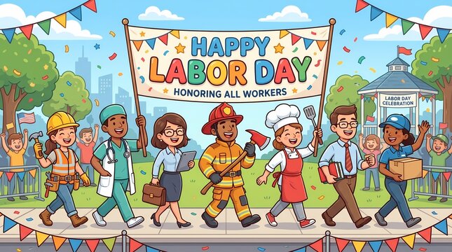Happy Labor Day celebration with diverse group of professionals walking in a parade.