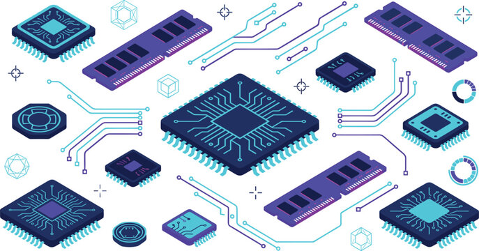 Isometric Computer Hardware Vector Element Set with Purple RAM Sticks, Neon Blue CPU Microchip Processors, PCB Circuit Traces, and Digital Technology Hardware Infographics