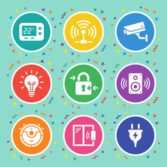 Fototapeta premium Smart Home Icons: Thermostat, WiFi, Camera, Bulb, Lock, Speaker, Robot Vacuum, Door Sensor, Plug