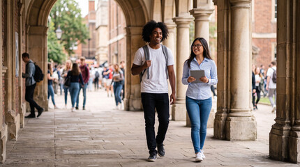 Obraz premium Students walk together under an archway at a university campus in the afternoon