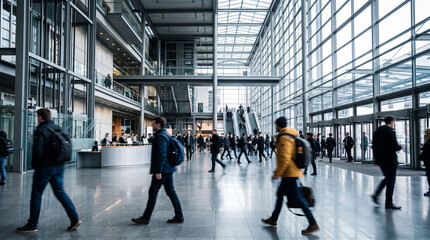 Obraz premium Crowd moves through a modern building with glass walls during a busy workday in a city