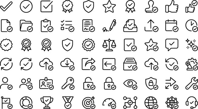 Set of check mark icons, approval and verification symbols, vector line icons transparent background