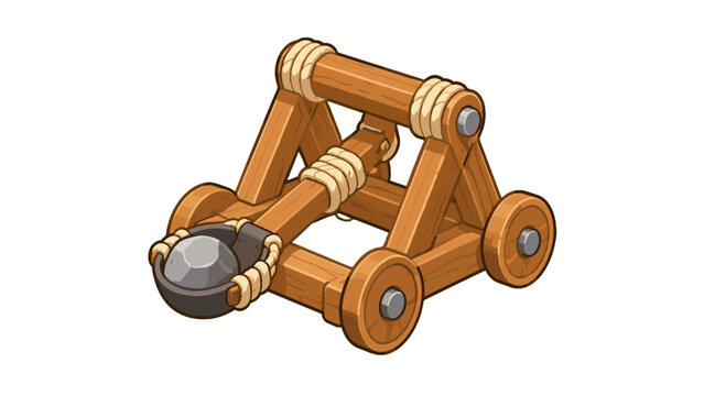 Cartoon wooden catapult with stone isolated on white