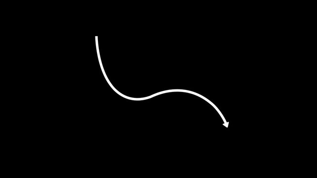 White Curved Arrow Animation with S-Shape Wave Pointing Downward Indicating Business Loss Financial Drop and Negative Economic Trend Concept Isolated on Black Background.