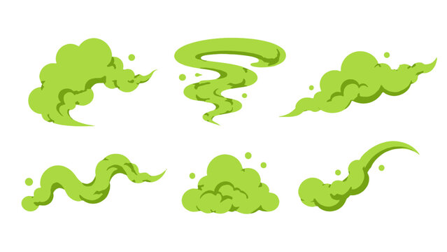 Green cartoon toxic gas cloud and swirling vapor set