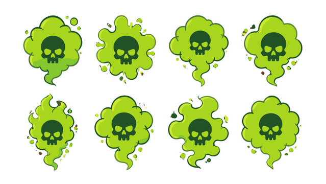 Set of green toxic smoke clouds with skull symbols
