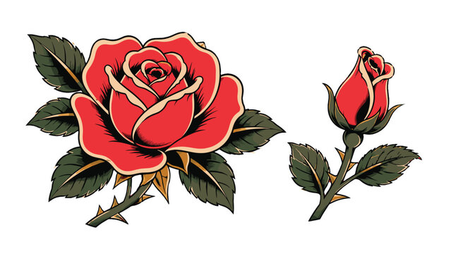Traditional tattoo style red rose and rosebud vector set