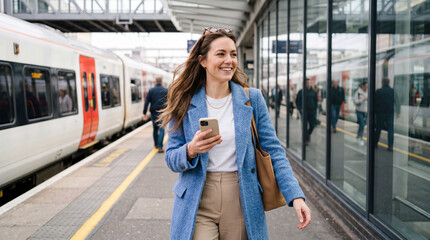 Fototapeta premium Woman walks on train station platform while looking at her phone in a city during daylight hours