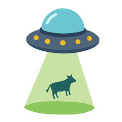 Retro UFO abducting a cow with tractor beam vector illustration © Lili